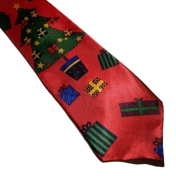 Christmas Necktie - Xmas Holidays Tree Gifts Tie Red Novelty Tie - Picture 1 of 3